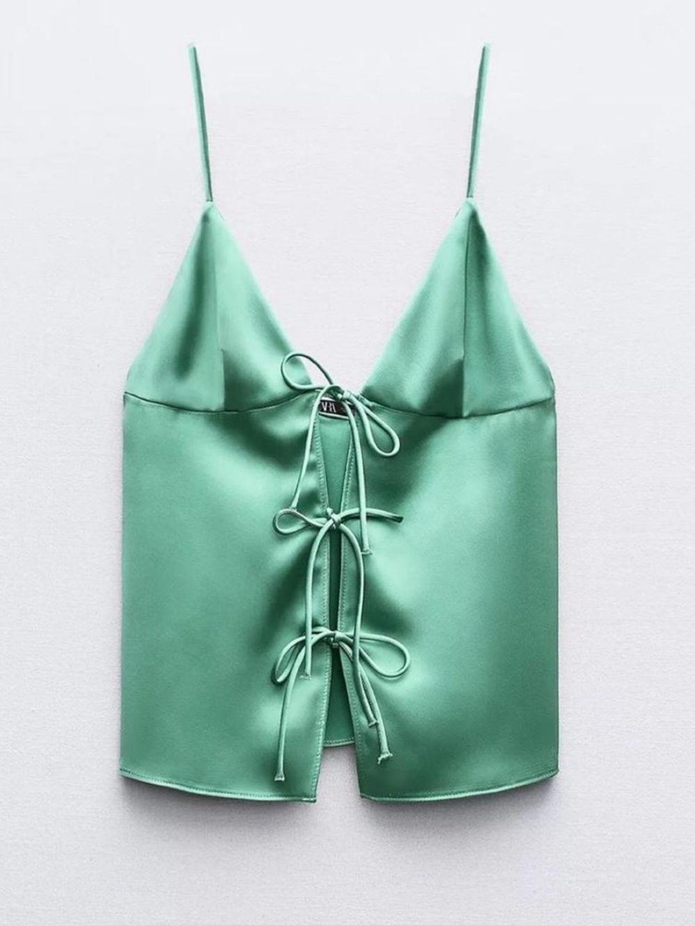 Zara tie front bows satin-finish emerald tank top vneck going out
